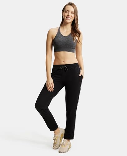 Image of Jockey 1305 Women's Super Combed Cotton Rich Relaxed Fit Mid Rise Trackpants with Contrast Side Piping and Pockets