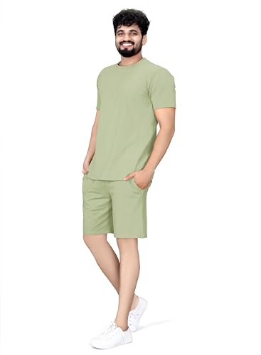 Image of ELLITI Cotton Blend Solid Casual Round Neck Half Sleeve Oversized Co-ord Set Men's, Pyjama Set, Sleepwear Loungewear T-Shirt and Shorts Combo for Men, Night Wear for Men, Night Suit for Men's