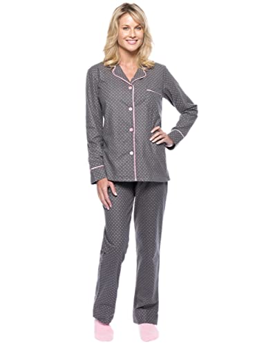 Noble Mount Women Pajamas Set - 100% Cotton Flannel Pajamas - Pindots Charcoal - Large