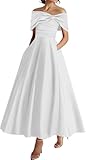 YIANN Robe de soirée à épaules dénudées pour mère de la mariée avec poches en satin, blanc, 40