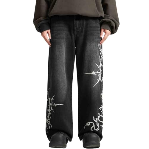 BXCNCKD Men's Graphic Printed Wide Leg Jeans, high Street Loose fit Distressed Straight Leg Pants Mens Jeans Relaxed fit