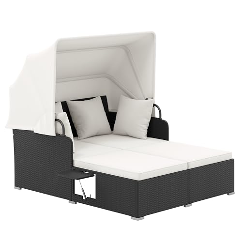Tangkula Patio Rattan Daybed with Retractable Canopy, Outdoor Wicker Sunbed Lounger with 2 Foldable Side Tables, Thick Seat & Back Cushions, Double Daybed for Garden, Backyard, Porch (Off White)
