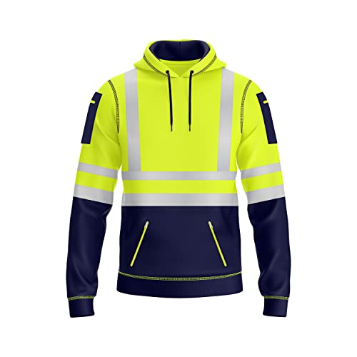 NOROZE Mens Hi Vis Hoodie with Reflective Tape Pullover High Vis Hoodie for Safety Workwear 4 Utility Zipped Pockets Work Hoodies for Men High Visibility Hooded (L Style 1: Neon Green/Navy)