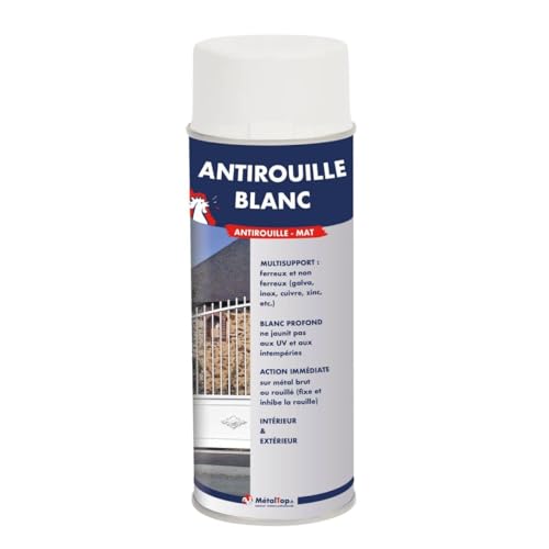 Metaltop - Antirouille Blanc - Blanc pur - RAL 9010 - Bombe 400 ml - Sous-couche antirouille haute performance pour métal