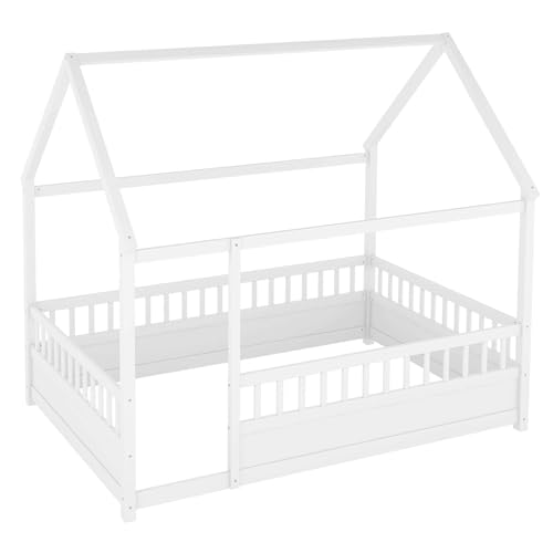 Full Size House Bed with High Fence for Kids,Full Floor Bed Frame, Kids Montessori Bed Full Size,Solid Wood House Bed Frame for Boys,Girls,White