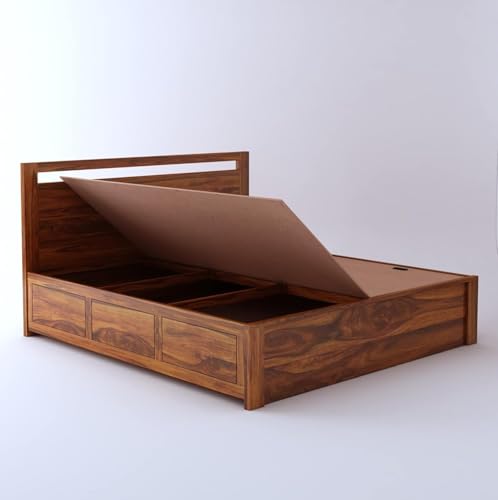 Image of Ganpati Arts Solid Sheesham Wood Jaipur Queen Size Bed with Box Storage | Wooden Double Bed Cot Palang Furniture for Bedroom Living Room Home and Hotel (Natural Finish) 1 Year Warranty