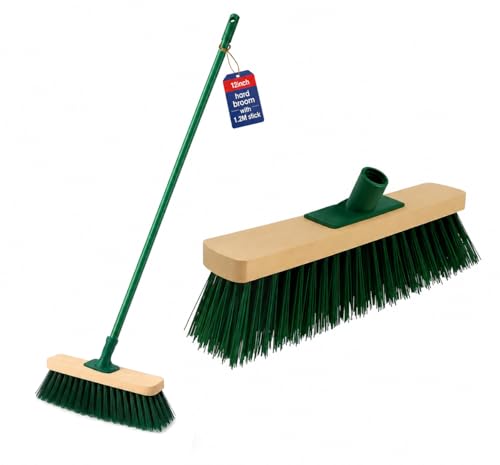 BH | 12 Outdoor Garden Broom | 1.2m Metal Handle | Green | Sweeping Brush | Stiff PVC Bristle Wooden Head | Heavy Duty | Cleaning Gardens Yards Street Home Garage and Driveway - by BEST HOUSE
