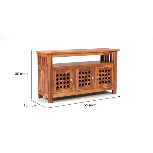 Image of Solid Sheesham Wood Wooden Cabinet Sideboard with 6 Shelves and 3-Door Storage Cabinet for Your Living Room Bedroom Storage (Liam, Honey Finish)