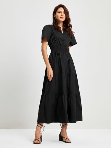ShallWe Women's Black Summer Dress Casual Long Maxi Short Sleeve Layered Cotton V Neck A Line Flowy Dresses for Women 20252