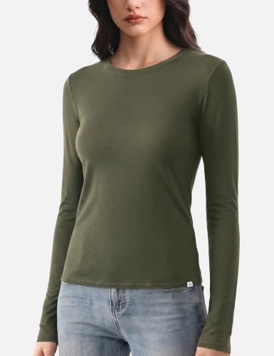 Image of Women's Merino Wool Blend Shirts Long Sleeve Tops Crew Neck Fitted Basic Tee Cozy Embrace Collection
