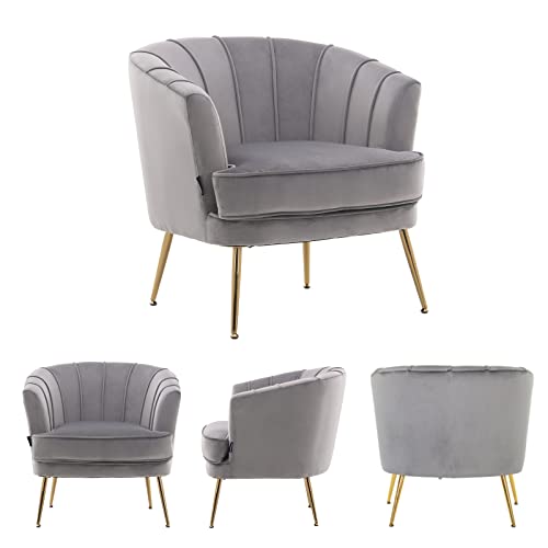 Artechworks Modern Velvet Barrel Chair Accent Armchair With Golden Legs For Living Room Bedroom Home Office, Channel Tufted Back Club Chair, Grey #TOP5