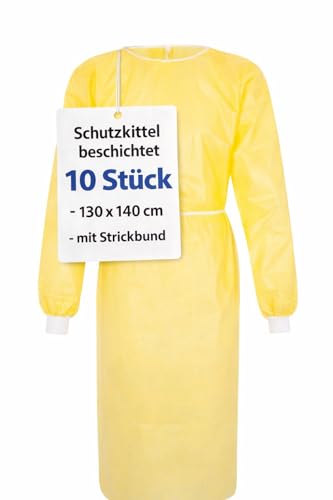 BUXMED 10 Stück MRSA Schutzkittel Gelb – Einweg Schutzkittel mit PE-Beschichtung, Isolationskittel, OP Kittel, Besucherkittel, Krankenhaus Kittel, Schutzkittel Einweg