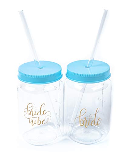 10 Piece Set of 16 oz. Turquoise Bride Tribe and Bride Plastic Mason Jars, Perfect for Bachelorette Parties, Weddings, and Bridal Showers (Turquoise Blue)