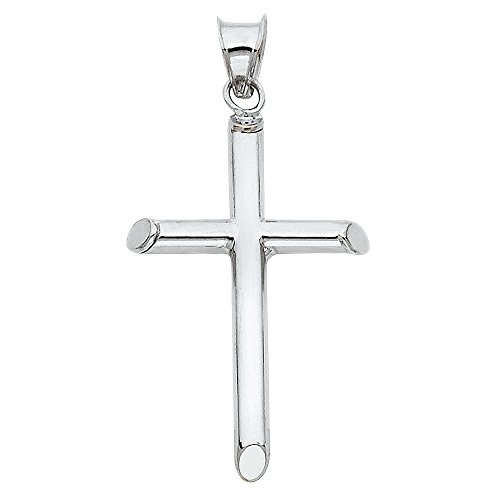Ioka 14K White Gold Classic Cross Pendant with 1.4mm Flat Open Wheat Chain Necklace2