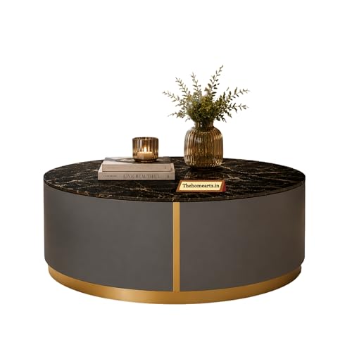 Image of Marble Top Royal Crest Round Center Table | Premium Marble Top Coffee Table for Living Room | Modern Luxury Design 30x30x15.5 Inch (Gray)