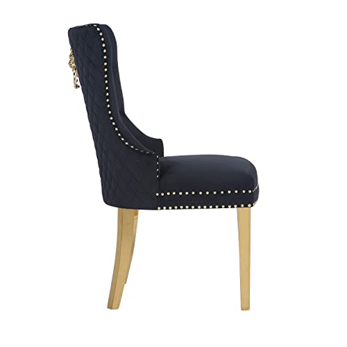 Velvet Upholstered Dining Chairs Set of 2, Modern Dining Room Tufted Chairs, Armless Accent Chair with Wing Back, Back Pull Ring, Nailhead Trim and Gold Legs for Dining Room and Kitchen, Black
