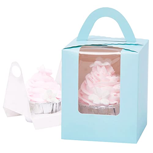 Gbateri - Confezione da 60 scatole per cupcake singole con manico, scatola per cupcake singola con finestra, contenitore singolo per cupcake, confezione regalo, mini porta torte per bomboniere