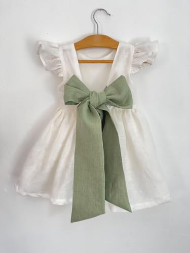 MyLittleDani White linen dress for a little flower girl, crafted from eco-friendly materials, with an elegant bow that can be customized in color. Boho Sage Green Wedding, Vintage Baby Dress2