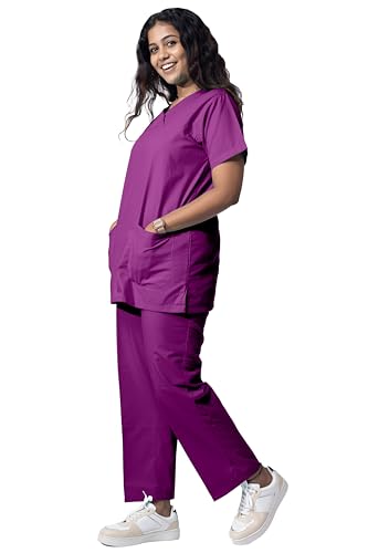 Image of UNIFORM CRAFT Women's 4 Pocket Scrub Suit Set | Medical Uniform | Cross V-Neck Poly Cotton | Short Sleeve Hospital Wear | Ideal for Doctors & Nurses (Violet, S)