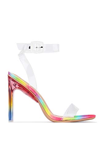 Clear Chunky Block High Heel Open Toe Sandal, Adjustable Ankle Strap for Women, (Rainbow, numeric_7_point_5)