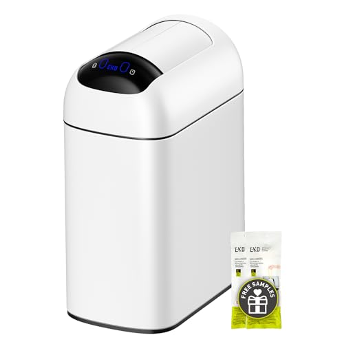 Image of EKO Astro Slim Sensor Trash Can, 10L / 2.6 Gallon Touchless Garbage Bin with Soft-Close Retractable Wing Lid, Motion Sensor Stainless Steel Garbage Can for Bathroom, Kitchen, Office, Waterproof, White