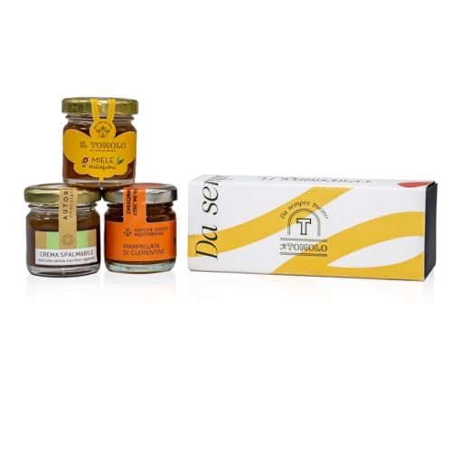 Trio de Gourmandises – Mini Coffret Cadeau 3 Dégustations Sucrées (Miel 40 g, Crème à Tartiner 30 g, Confiture 40 g) – Sans Gluten – Il Tomolo –...