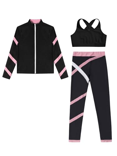 Kids Girls Figure Ice Skating Gym Training Suit Zipper Jacket Sleeveless Crop Top with Leggings Set3