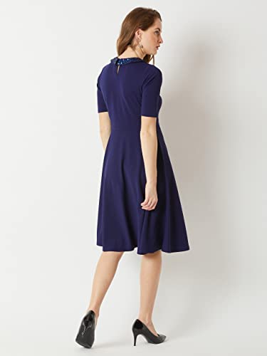 Image of Miss Chase Women's Wine Red Collared Round Neck Half Sleeve Solid Knee-Long Skater Dress