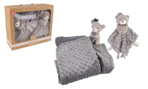 DODO D'AMOUR - Caja de Peluche Manta y Cuadrado - Oso - 053241 - Gris - Peluche - Nacimiento - Bebé - Reconfortante - Suave - Lavable - 29 cm x 22 cm - A Partir de 0 Meses