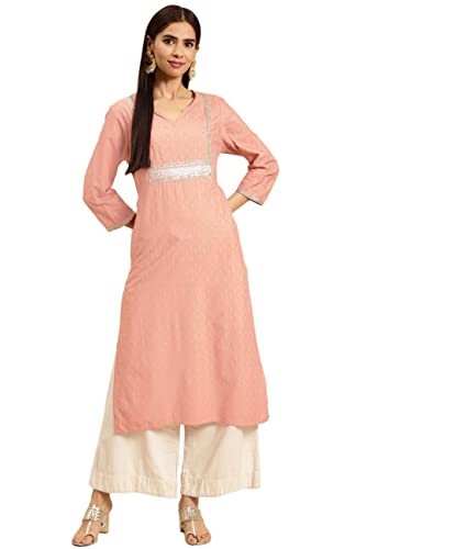 Image of rangita Peach Rayon Calf Length Embellished Straight Kurti for Women | Kurta for Women