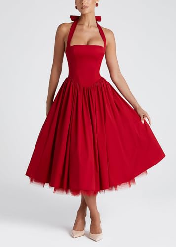 Image of Women Summer Halter Dress Low Cut Sleeveless A Line Tulle Swing Flowy Tea Length Dress Corset Prom Formal Ball Gowns