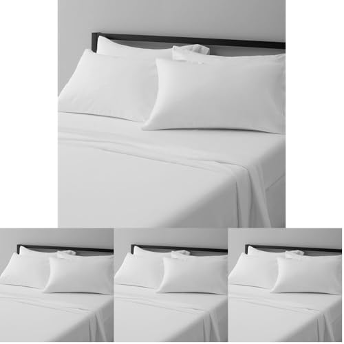 Image of Amazon Basics Soft, Breathable, Wrinkle-Free Microfiber 4-Piece Bed Sheet Set, Full Size, Bright White Striped (Pack of 4)