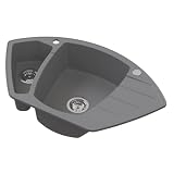 VBChome Spülbecken 90x54x19 cm Grau Granit 1,5 Becken Abtropffläche Einbauspüle gesprenkelt Eckspülbecken Restebecken Siphon