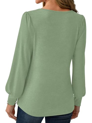GKBK Women's Long Sleeve Tops Dressy Business Casual Blouses Chiffon Basic Loose Fit V Neck Work Shirt Pleated Keyhole 2025 Fall Winter Clothes Trendy Outfits Green Large — view 4