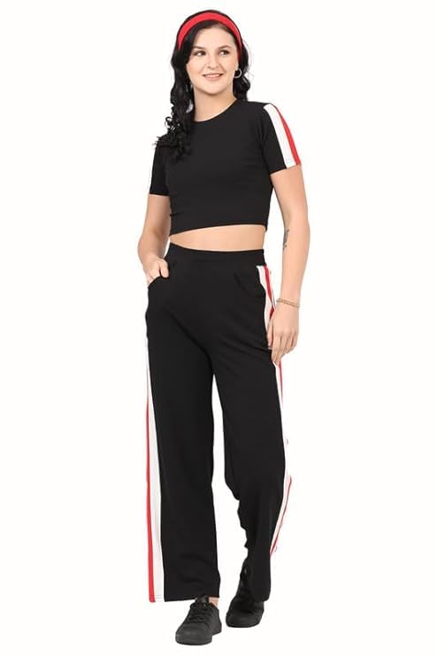 PASSION JUMPWomen Crop Top & Track Pant Co-Ord Set with Red & White Side Stripes-image-42