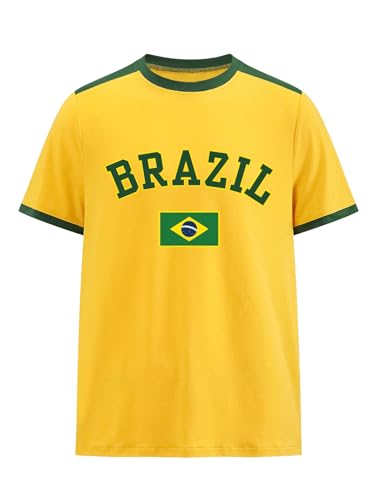 BEAUDRM Men's Brazil Soccer Jersey Tees Letter Print Graphic Short Sleeve Crew Neck T Shirts Top