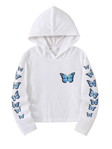 Oyoangle Girls' Butterfly Print Hooded Long Sleeve Tee Shirt Casual Crop Hoodie White 9Y #TOP5