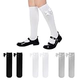 phnydreg 3 Packs Girls Bow Knee High Socks 4 to 12 Year School Uniform Dress Socks (US, Age, 7 Years, 12 Years, 3, white, gray, black)