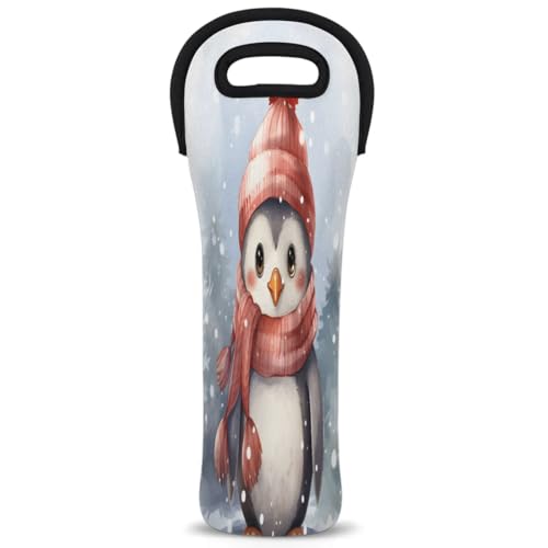 Penguin Cartoon Hat Scarf Single Bottle Wine Bag Insulated Neoprene Wine Bottle Bag Travel Tote with Handles Wine Gifts Carrier for Wedding Picnic Parties