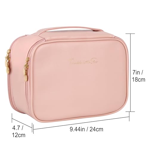 Kendal Large Capacity Travel Makeup Organizer with Jewelry Storage, PU Leather Travel Toiletry Bag with Brush Holders, Zipper Pockets & Clear Divider, Travel-Friendly Vanity Case for Women, Pink3