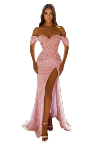 Sequin Prom Dresses 2023 with Slit Off Shoulder Sweetheart Sparkly Mermaid Formal Evening Party Gowns