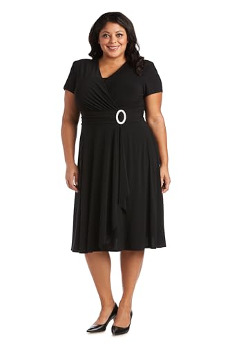 Image of R&M Richards Women's Cascade Wrap Dress with V-Neck & O-Ring Rhinestone Buckle, Work to Weekend Short Sleeve Flowy Silhouette
