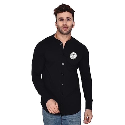 Image of Geum Men's Mandarin Collar Shirt | Slim Fit Full Sleeve Casual Shirt with Printed Chest Logo | Soft Cotton Blend Stylish Button Down for Party, Office