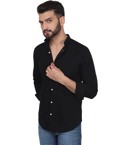 Image of TryBuy Exclusive Men's Black Solid Band Casual Cotton Shirt