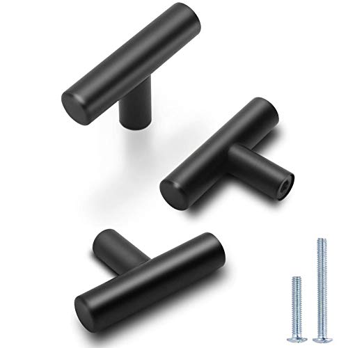 Image of Probrico 12 Pack| 2 Inch Flat Black Cabinet Knobs Euro Bar Pull Single Hole Knobs Drawer Handles Stainless Steel Kitchen Cabinet Hardware