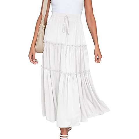 NASHALYLY Women's Chiffon Elastic High Waist Pleated A-Line Flared Maxi Skirts, White, Small Cover