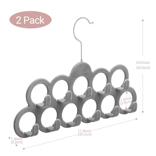 ManGotree Samt-Schalbügel, Schal-Organizer, Beflocktes Samt-Finish, Schalhalter mit 11 Schlaufen und Haken für Schals, Schals, Krawatten, Gürtel oder anderes Zubehör, Grau, 2er-Pack