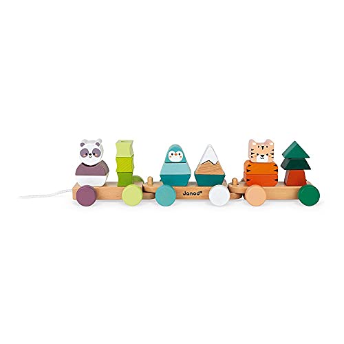 Image of Janod World Wildlife Federation - Pull Along 21 Piece Animal Stacking Train - Ages 2+ - J08603