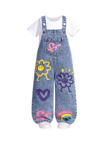 Image of OLMRJKD Toddler Girl Summer Clothes Short Sleeve Denim Overall Jumpsuit with Top Girls Spring Outfits Set