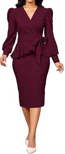 Image of Dresses for Women Elegant Long Sleeves Ruffles Pencil Knee Length Split Business Dress with Belt Zipper